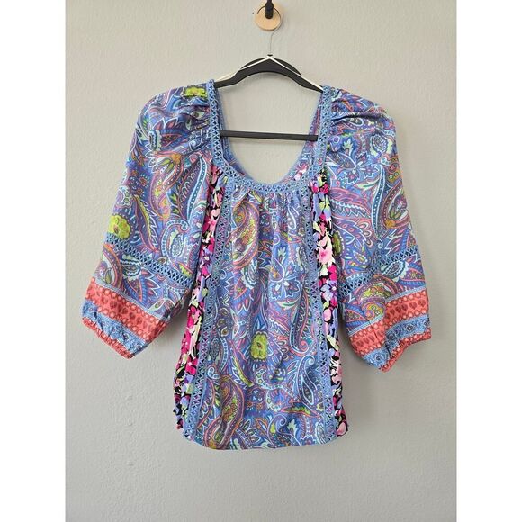 Umgee Boho Floral Paisley Peasant Top Size S Crochet Trim Hippie Festival Summer - Picture 1 of 6